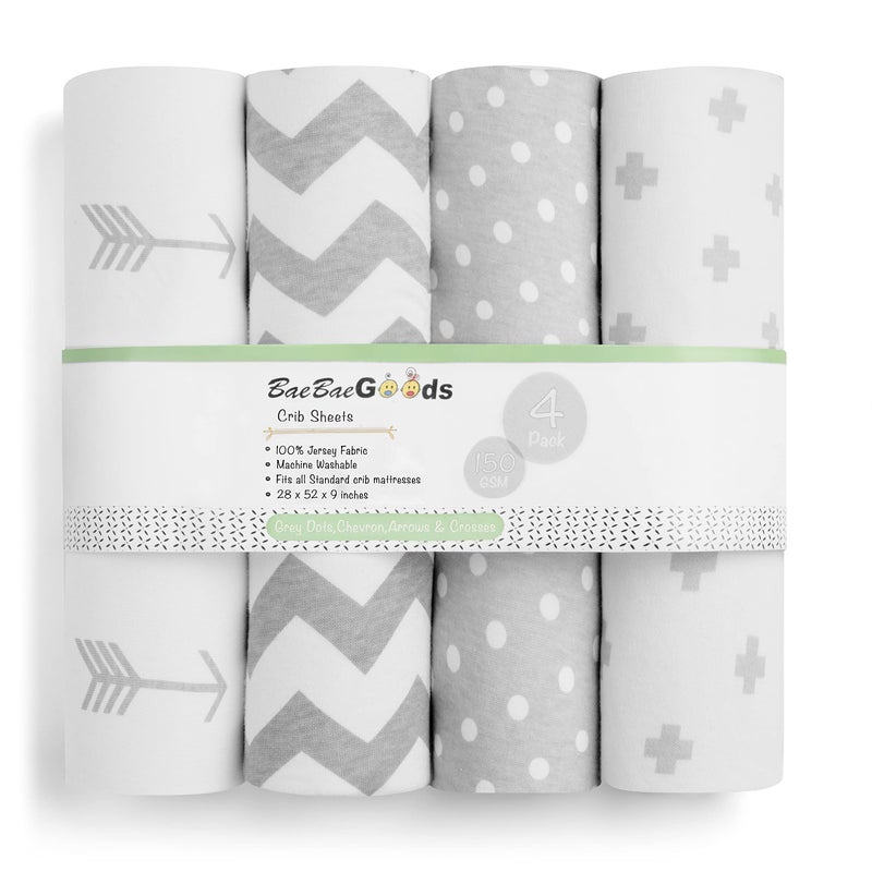 BaeBae Goods Premium Crib Sheets for Baby Boys and Girls, 4 Pack, Soft and Breathable Jersey Knit Fitted Sheet Set, Grey and White, Cute Gender Neutral Nursery Mattress Bedding, Universal Fit - Image 1
